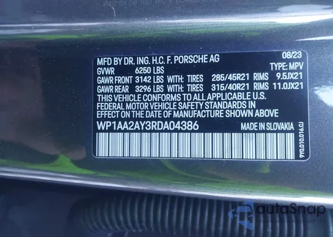 2024 Porsche Cayenne из США, поврежденный, VIN WP1AA2AY3RDA04386